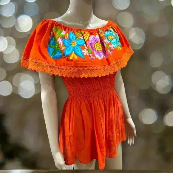 Campesino Oaxacan Mexican orange peplum tunic top w/Silk Embroidery-OS - Picture 3 of 7